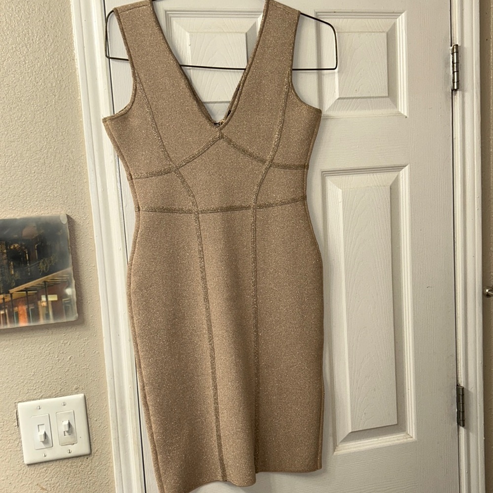 BCBGMaxAzria gold / cream sparkling glitter fitted bandage bodycon dress